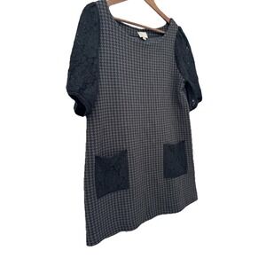 Anthropologie Houndstooth Shift Dress Lace Puff Sleeves Dark Academia M Mod